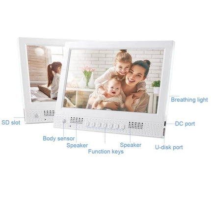 10.1 Inch Digital Photo Frame for Photos and Video Playback showing family photo on 1024x600 LED display with speakers and ports