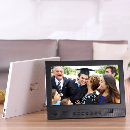 10.1 Inch Digital Photo Frame for Photos and Video Playback showing family graduation photo on LED screen with background music controls