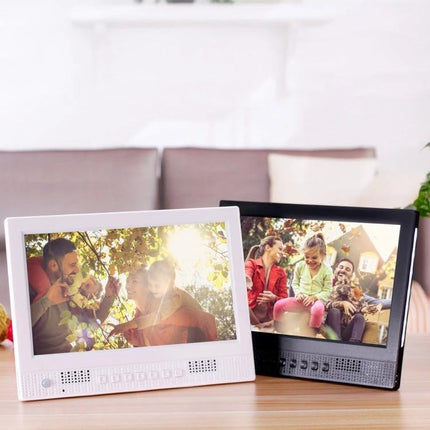 10.1 Inch Digital Photo Frame for Photos and Video Playback showing family photos on a 1024x600 LED display with background music option
