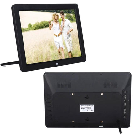 12-Inch Digital Photo Frame for Displaying Photos and Media showing couple slideshow on 1280x800 LED screen with time/date and rear ports