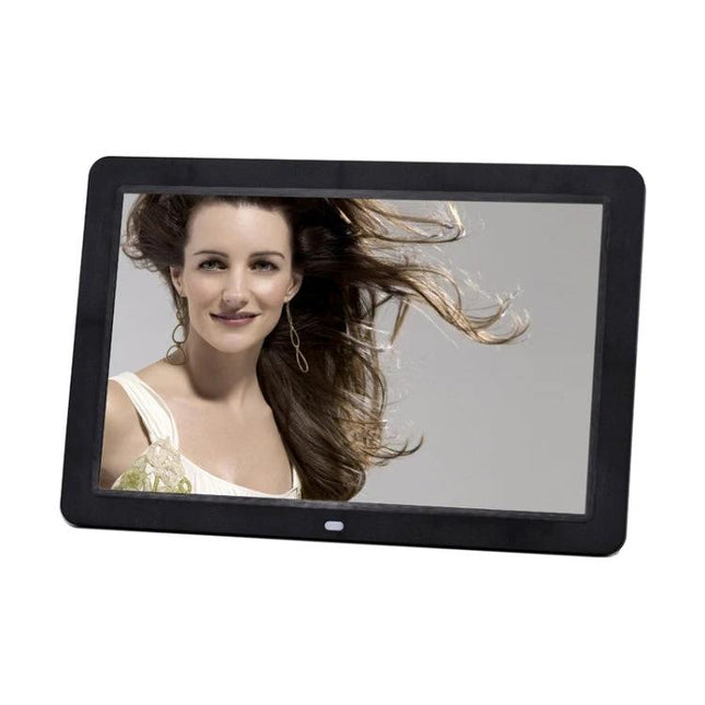 12-Inch Digital Photo Frame for Displaying Photos and Media showing a smiling woman on-screen with high-resolution LED display
