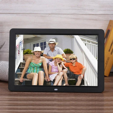 12-Inch Digital Photo Frame for Displaying Photos and Media showing family photo on LED screen with 1280x800 resolution and time/date display
