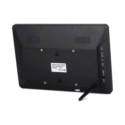 12-Inch Digital Photo Frame for Displaying Photos and Media back view showing ports stand vents and label, 1280x800 LED screen device