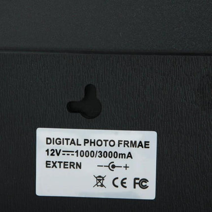 12-Inch Digital Photo Frame for Displaying Photos and Media showing rear power rating label and wall-mount slot