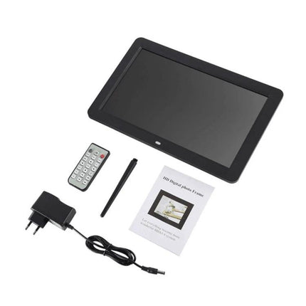 12-Inch Digital Photo Frame for Displaying Photos and Media showing black frame, remote, power adapter, stylus and manual on white background