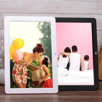 12-Inch Digital Photo Frame for Displaying Photos and Media showing family photos and videos on 1280x800 LED screen, time and date display