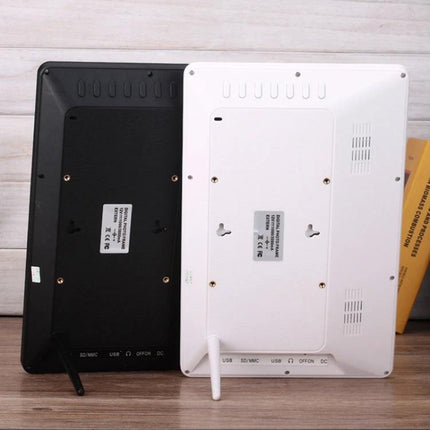 12-Inch Digital Photo Frame for Displaying Photos and Media showing backs of black and white frames with ports, antenna, and wall-mount slots