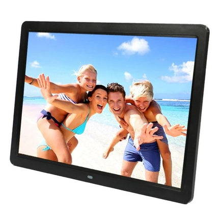 15-Inch Digital Photo Frame for Displaying Photos and Videos at Home showing family beach photo on 15-inch LED display