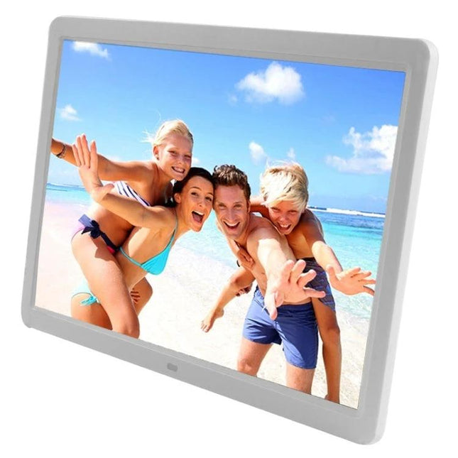 15-Inch Digital Photo Frame for Displaying Photos and Videos at Home showing family beach photo on 15-inch LED display in living room or mounted on wall