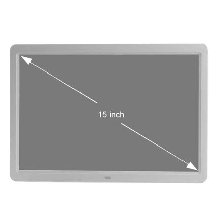 15-Inch Digital Photo Frame for Displaying Photos and Videos at Home showing a 15-inch LED display with diagonal measurement and slim bezel