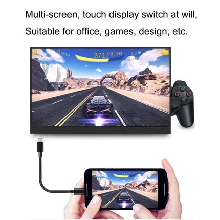 15.6 Inch HDR Portable Monitor for Gaming and Everyday Use shown displaying racing game connected to smartphone and game controller