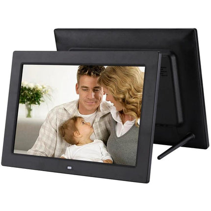 12.1-Inch Digital Photo Frame with Holder and Remote Control showing family photo on desk with built-in stand, SD card playback and remote control