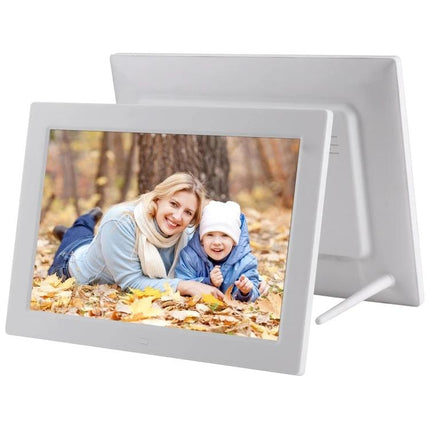 12.1-Inch Digital Photo Frame with Holder and Remote Control showing family photo on display with built-in stand and remote-ready controls