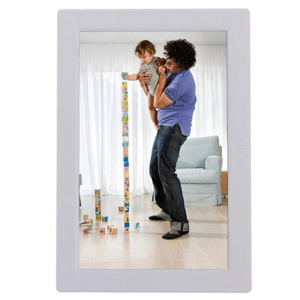 12.1-Inch Digital Photo Frame with Holder and Remote Control showing family photo playback on a desk or shelf