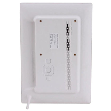 12.1-Inch Digital Photo Frame with Holder and Remote Control showing back panel, control buttons, venting and stand
