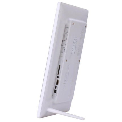 12.1-Inch Digital Photo Frame with Holder and Remote Control showing rear ports, SD card slot and built-in stand