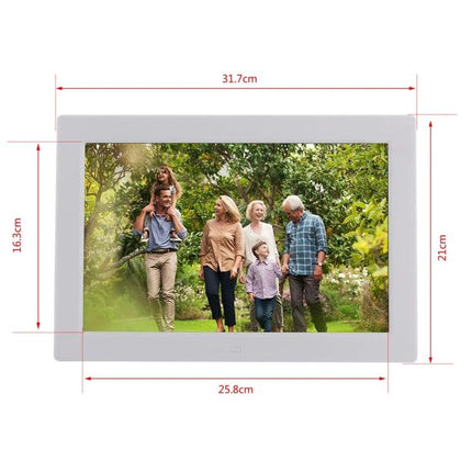 12.1-Inch Digital Photo Frame with Holder and Remote Control showing family photo on screen, dimensions labeled, white frame on flat surface