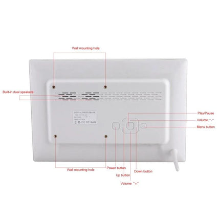 12.1-Inch Digital Photo Frame with Holder and Remote Control showing rear view, labeled buttons, wall mounting holes, speakers and SD card slot