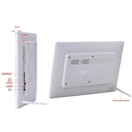 12.1-Inch Digital Photo Frame with Holder and Remote Control showing back view, SD card slot, USB ports and removable stand