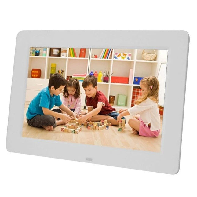 13-Inch Digital Photo Frame for Displaying Photos and Videos showing children playing with blocks on a bright LED slideshow