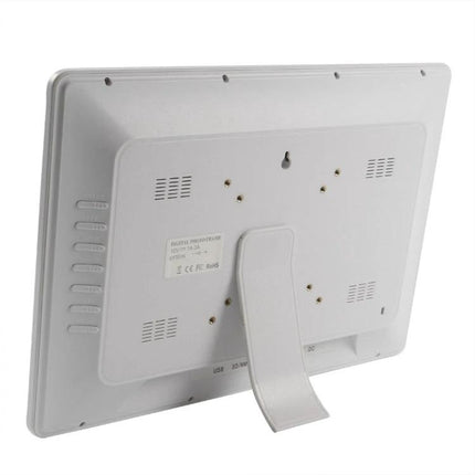 13-Inch Digital Photo Frame for Displaying Photos and Videos - rear view showing stand, wall-mount slot, vents and control buttons on bright LED frame