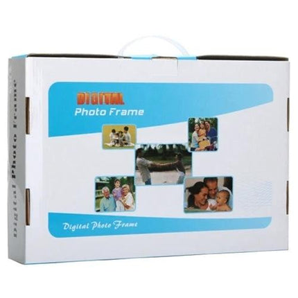 13-Inch Digital Photo Frame for Displaying Photos and Videos boxed retail packaging showing sample family photos and product name on white and blue box