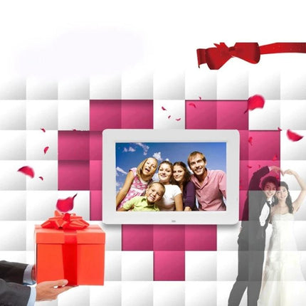 13-Inch Digital Photo Frame for Displaying Photos and Videos showing family slideshow on bright LED screen with gift and celebration backdrop