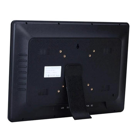 Back view of 14-Inch Digital Photo Frame for Home Display with Music Playback showing stand, ports and wall-mount holes