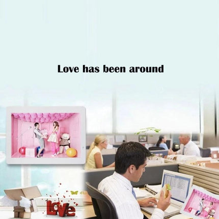 14-Inch Digital Photo Frame for Home Display with Music Playback showing family slideshow on desk with music and time reminders