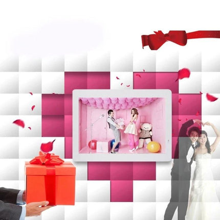 14-Inch Digital Photo Frame for Home Display with Music Playback showing family slideshow with gifts and decorations