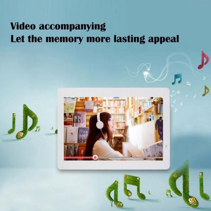 14-Inch Digital Photo Frame for Home Display with Music Playback showing slideshow with headphones and musical notes
