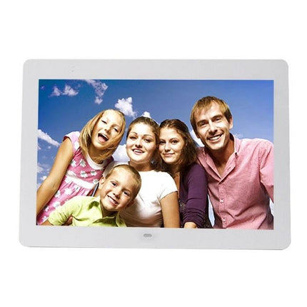 14-Inch Digital Photo Frame for Home Display with Music Playback showing family slideshow on desk or living room with music