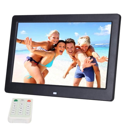10.1 Inch Digital Photo Frame for Photo Slideshows and Video Playback showing family beach photo on 1024x600 LCD with remote and USB/SD playback