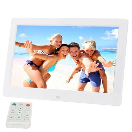 10.1 Inch Digital Photo Frame for Photo Slideshows and Video Playback showing family beach photo on 1024x600 LCD with remote and USB/SD support