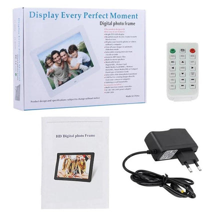 10.1 Inch Digital Photo Frame for Photo Slideshows and Video Playback showing boxed frame, remote, manual and power adapter