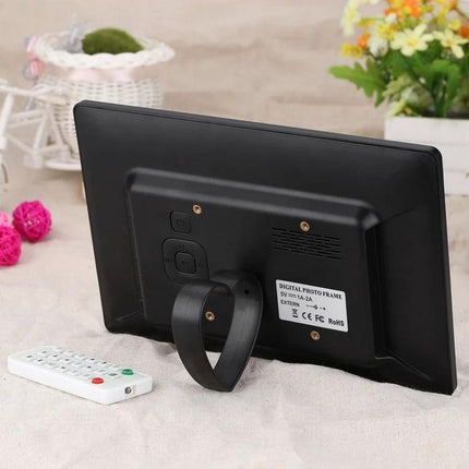 10.1 Inch Digital Photo Frame for Photo Slideshows and Video Playback showing back view with stand and remote on table