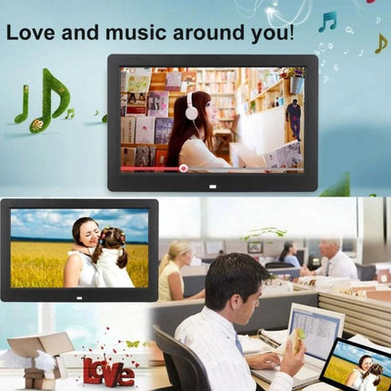 10.1 Inch Digital Photo Frame for Photo Slideshows and Video Playback showing people watching photos and videos on desk and shelf displays