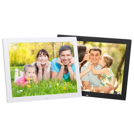 Allwinner 14-Inch Digital Photo Frame for Displaying Photos and Videos showing family photos on 14-inch 4:3 1024x768 display in white and black frames