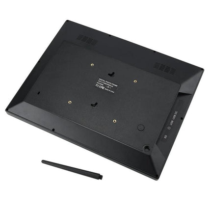 Allwinner 14-Inch Digital Photo Frame for Displaying Photos and Videos rear view with wall mount slots and antenna