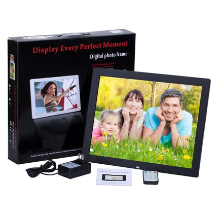 Allwinner 14-Inch Digital Photo Frame for Displaying Photos and Videos - 14" 4:3 1024x768 digital photo frame showing family slideshow with remote and power adapter