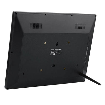 Allwinner 15-Inch Digital Photo Frame for Displaying Photos and Videos - rear view showing stand, vents, and wall-mount slots