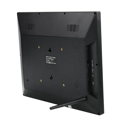 Allwinner 15-Inch Digital Photo Frame for Displaying Photos and Videos - back view showing ports, stand, and wall-mount slots