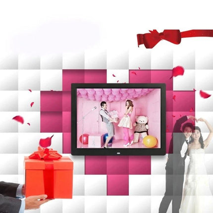 14-Inch LED Digital Photo Frame for Photos and Media Playback showing family slideshow with gifts and celebration