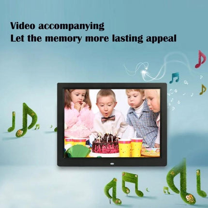 14-Inch LED Digital Photo Frame for Photos and Media Playback showing children at a birthday party with slideshow and background music