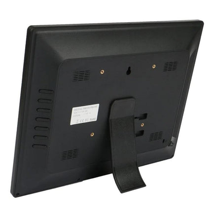 14-Inch LED Digital Photo Frame for Photos and Media Playback showing the rear view with stand, wall-mount slot and ventilation openings