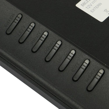 14-Inch LED Digital Photo Frame for Photos and Media Playback - close-up of black frame control buttons for slideshow, volume and menu