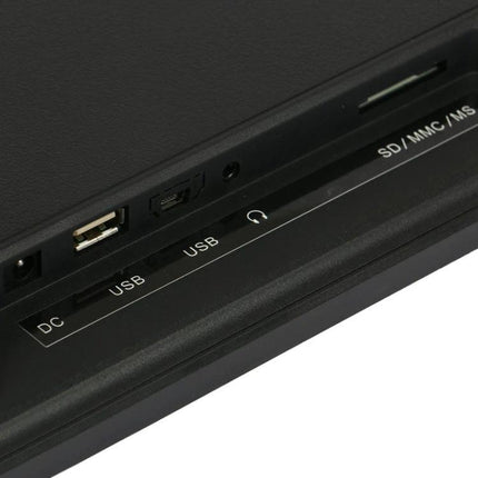 14-Inch LED Digital Photo Frame for Photos and Media Playback showing DC, USB, headphone jack and SD card slots on the back panel