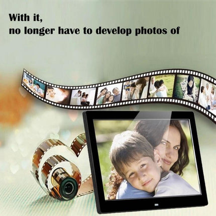 14-Inch LED Digital Photo Frame for Photos and Media Playback showing family slideshow with filmstrip and mother and child photo