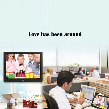14-Inch LED Digital Photo Frame for Photos and Media Playback showing family slideshow with music in home and office setting