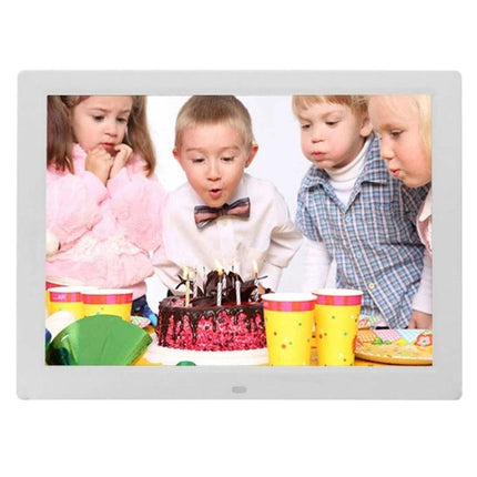 14-Inch LED Digital Photo Frame for Photos and Media Playback showing children blowing out birthday candles in a family slideshow